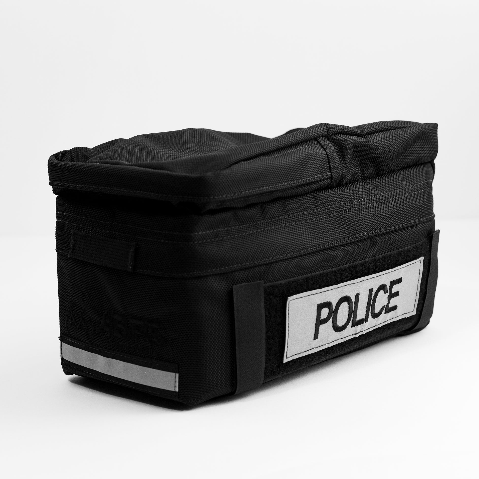 Front Side View of the Rear Bike Trunk Bag with police velcro patch.