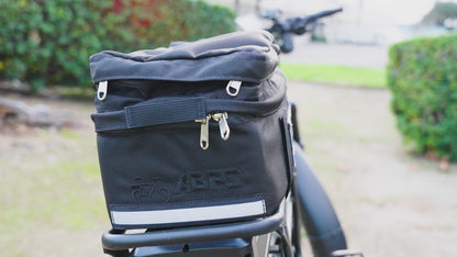 Rear Trunk bag on the bike rack outside showing the bags internal and external properties.